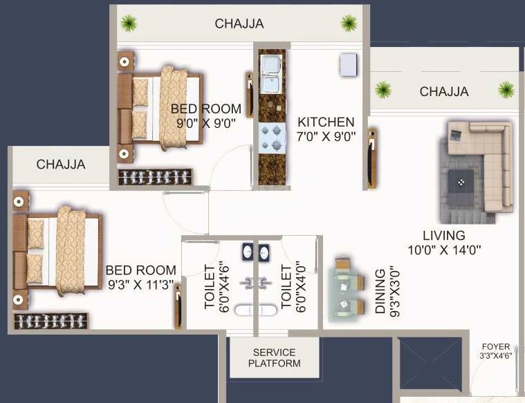 2 BHK 602 Sq. Ft. Apartment