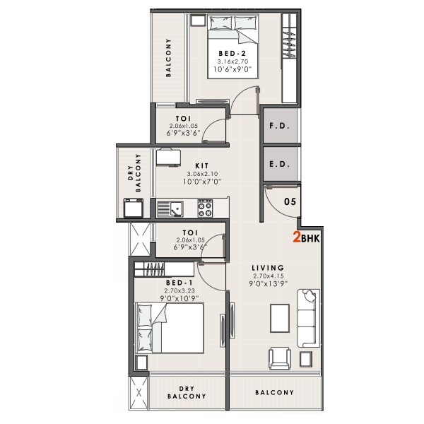 Floor plan of 2 BHK 452 Sq. Ft. Apartment in Shreeji Space, Navi Mumbai