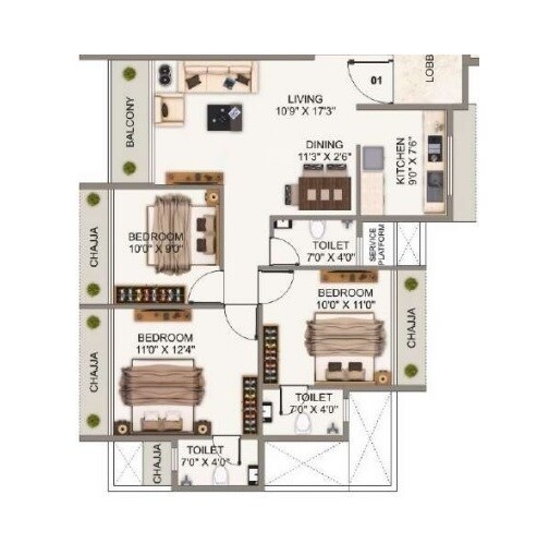 3 BHK 903 Sq. Ft. Apartment