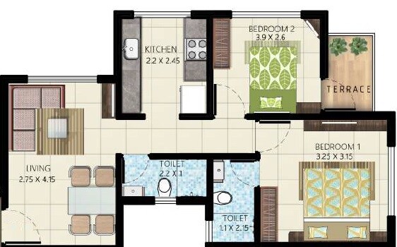 Floor plan of 2 BHK 494 Sq. Ft. Apartment in Shreemangal Naman Residency, Navi Mumbai