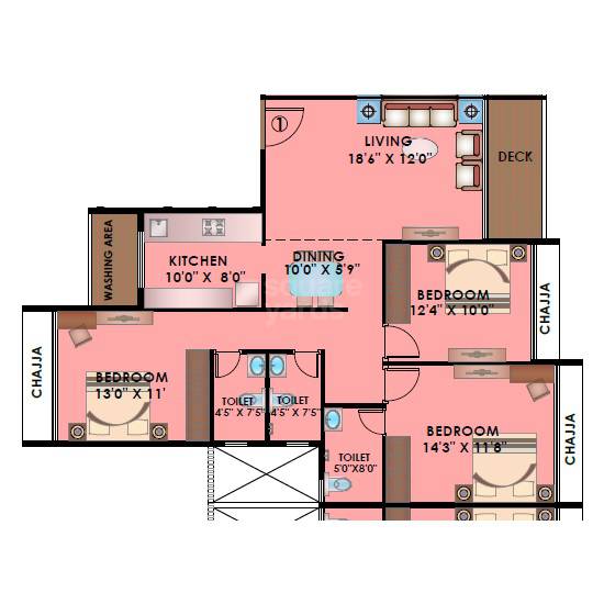 Floor plan of 3 BHK 1148 Sq. Ft. Apartment in Shreenathji Delta Riviera, Navi Mumbai
