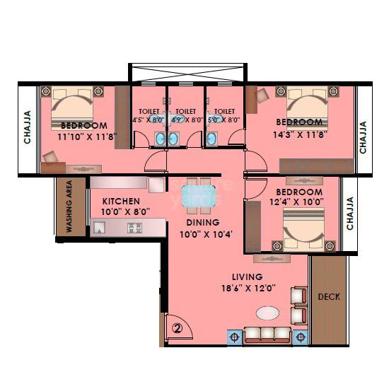 Floor plan of 3 BHK 950 Sq. Ft. Apartment in Shreenathji Delta Riviera, Navi Mumbai