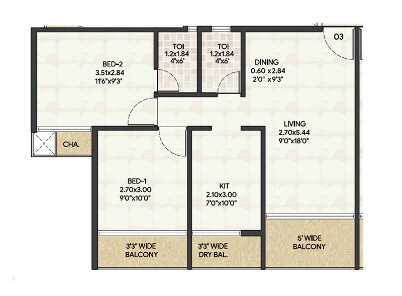 Floor plan of 2 BHK 612 Sq. Ft. Apartment in Shreepati Amara, Navi Mumbai