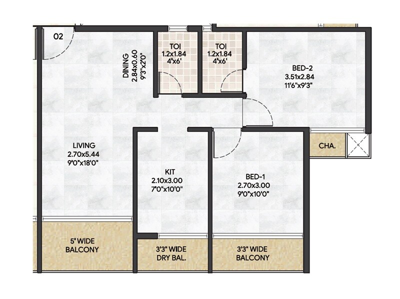 Floor plan of 2 BHK 520 Sq. Ft. Apartment in Shreepati Amara, Navi Mumbai