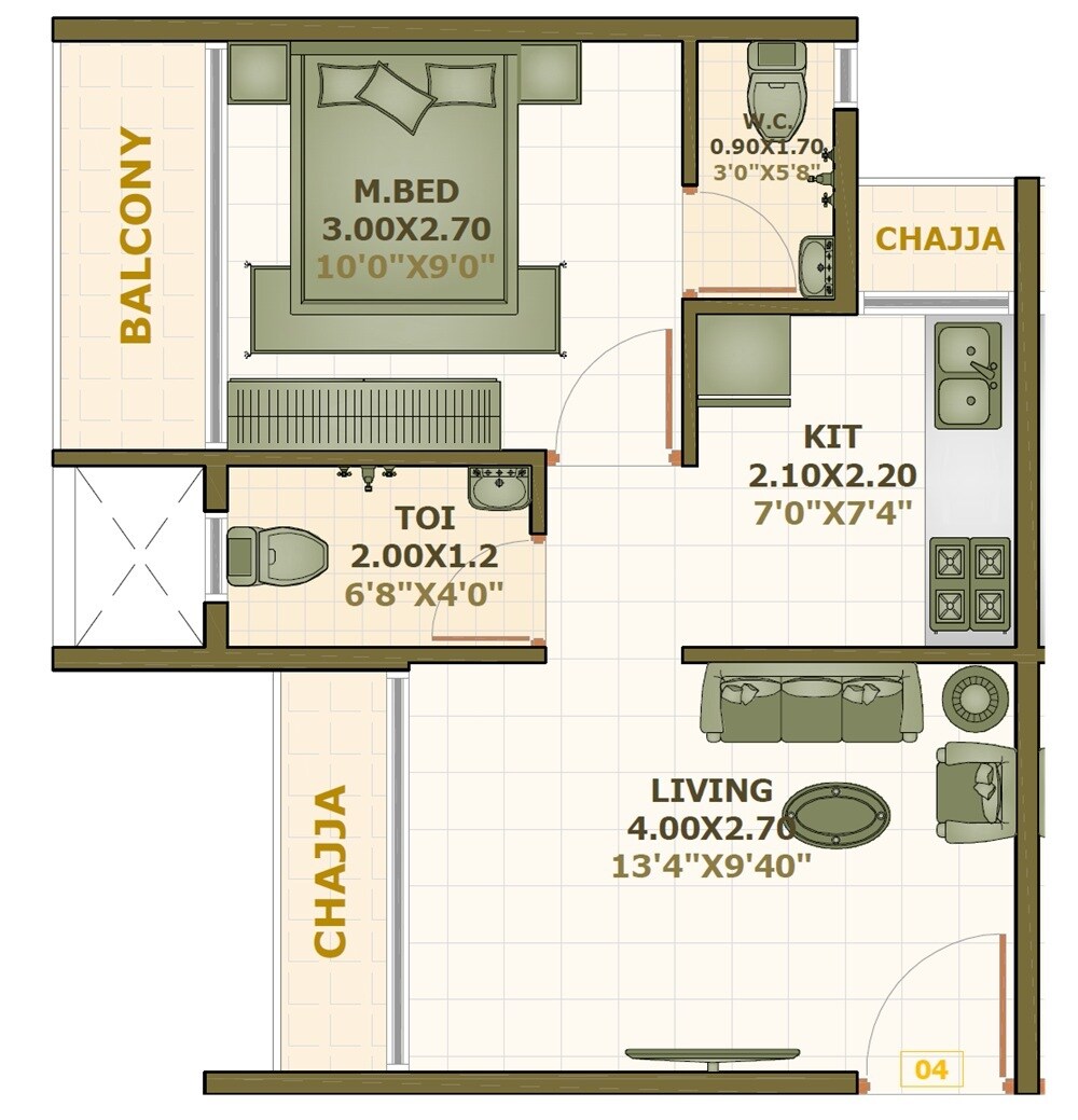 Floor plan of 1 BHK 322 Sq. Ft. Apartment in Shreesunder Laxmi Heights, Navi Mumbai