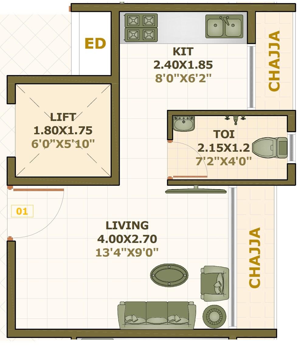 Floor plan of 211 Sq. Ft. Studio in Shreesunder Laxmi Heights, Navi Mumbai