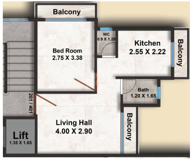 Floor plan of 1 BHK Apartment - 337 sq. ft. in Shreeyog Vrundawan, Navi Mumbai
