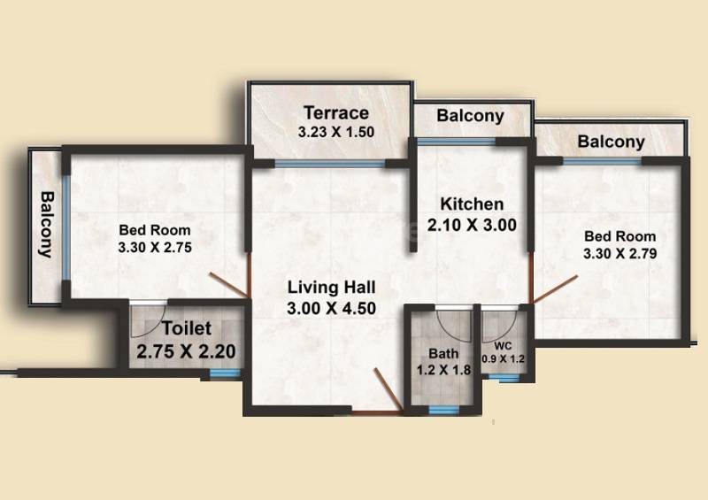 Floor plan of 2 BHK Apartment - 616 sq. ft. in Shreeyog Vrundawan, Navi Mumbai