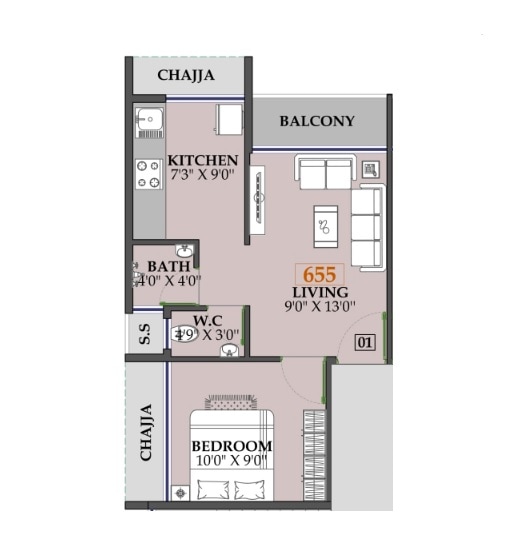 Floor plan of 1 BHK 322 Sq. Ft. Apartment in Shri Datta, Navi Mumbai