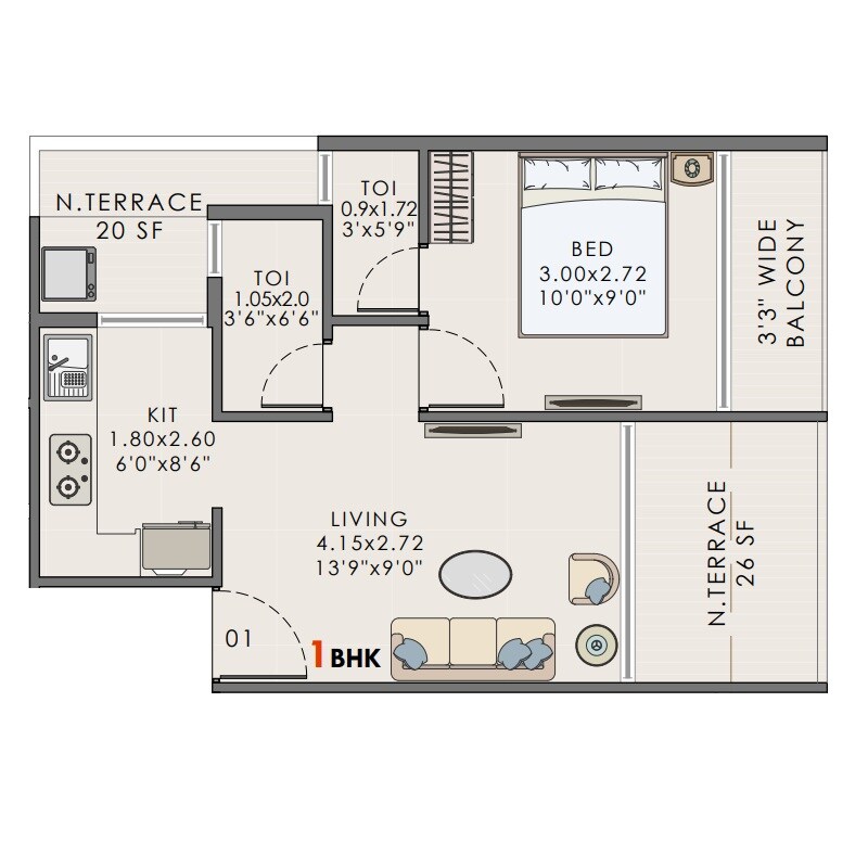 Floor plan of 1 BHK 310 Sq. Ft. Apartment in Shri Vinayak Avenue, Navi Mumbai