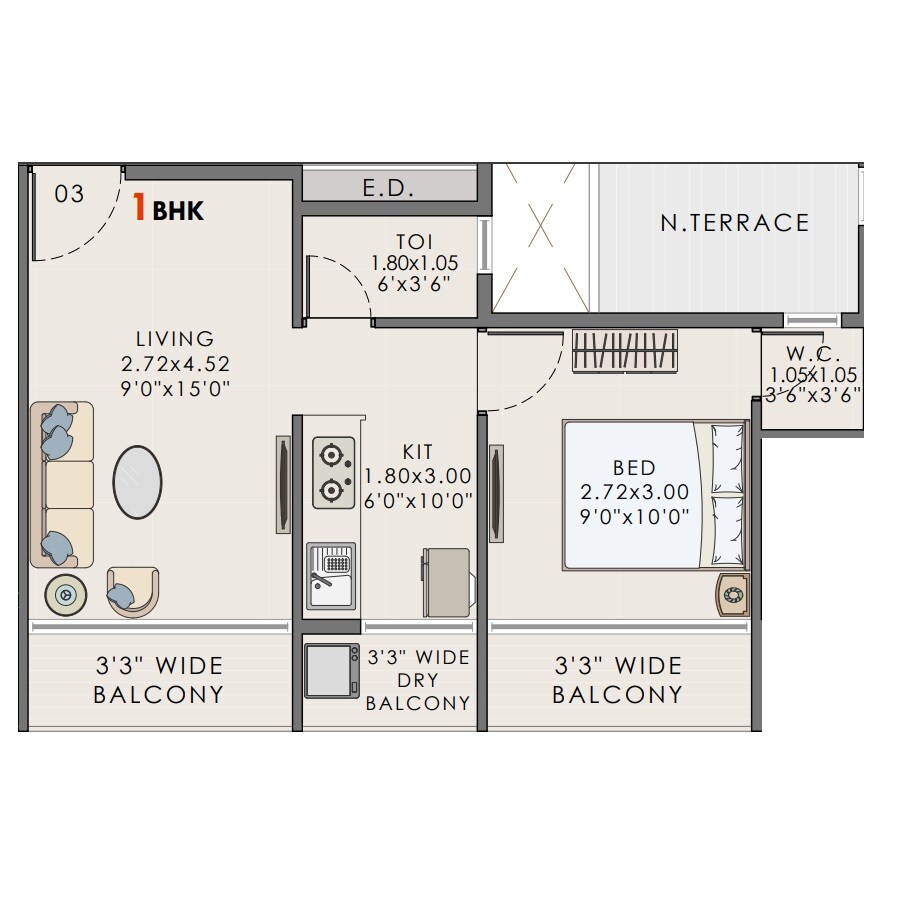 Floor plan of 1 BHK 323 Sq. Ft. Apartment in Shri Vinayak Avenue, Navi Mumbai