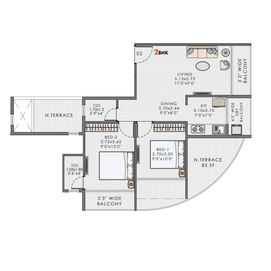 Floor plan of 2 BHK 508 Sq. Ft. Apartment in Shri Vinayak Avenue, Navi Mumbai