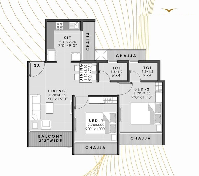 Floor plan of 2 BHK 474 Sq. Ft. Apartment in Shri Vinayak Vista, Navi Mumbai
