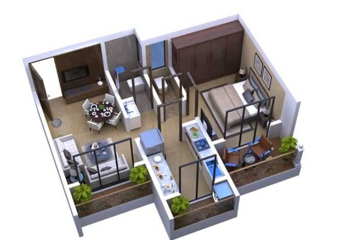 Floor plan of 1 BHK 673 Sq. Ft. Apartment in Shubham Jijai Complex Taloja, Navi Mumbai