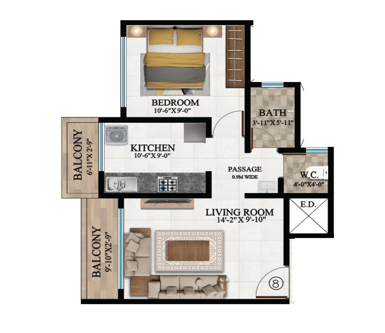 Floor plan of 1 BHK 448 Sq. Ft. Apartment in Shubham Jijai Tulsi, Navi Mumbai