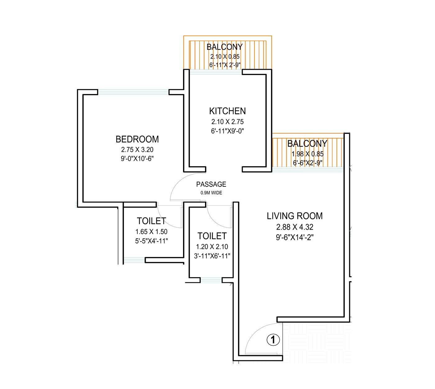 Floor plan of 1 BHK 424 Sq. Ft. Apartment in Shubham Jijai Tulsi, Navi Mumbai