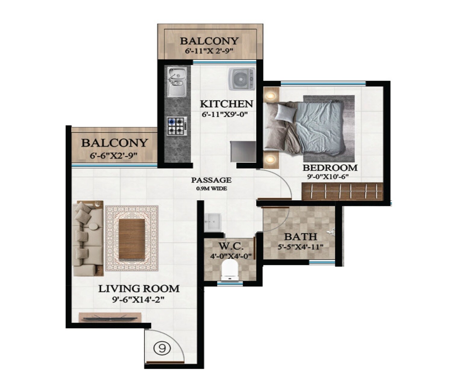 Floor plan of 1 BHK 437 Sq. Ft. Apartment in Shubham Jijai Tulsi, Navi Mumbai