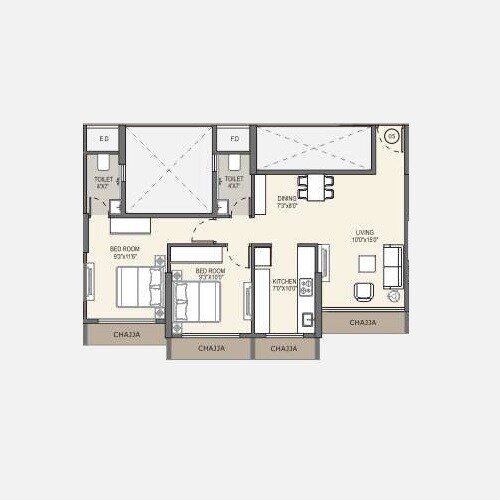 Floor plan of 2 BHK 585 Sq. Ft. Apartment in Siddharth Geetanjali Bellezza, Navi Mumbai