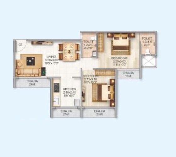 Floor plan of 2 BHK 610 Sq. Ft. Apartment in Siddharth Geetanjali Daffodils, Navi Mumbai