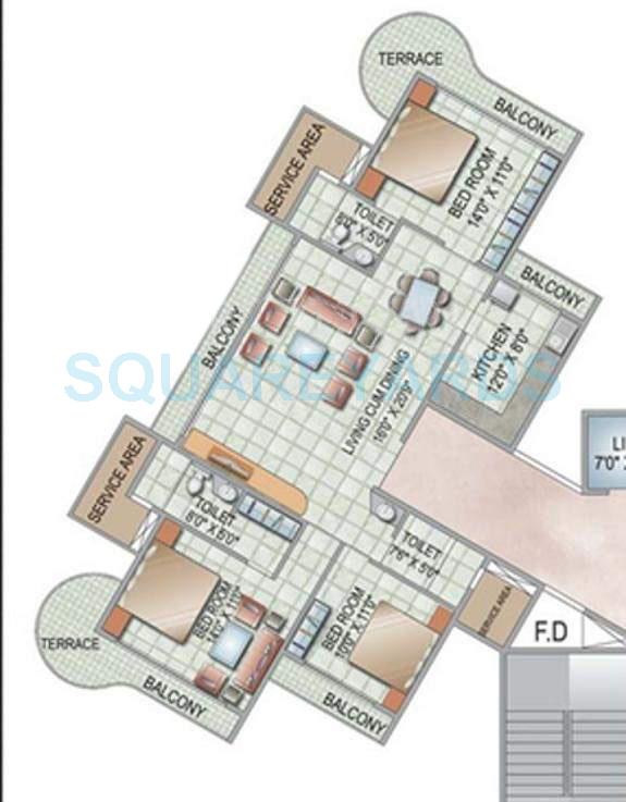 Floor plan of 3 BHK 1550 Sq. Ft. Apartment in Siddhi Siddhi Grandeur, Navi Mumbai