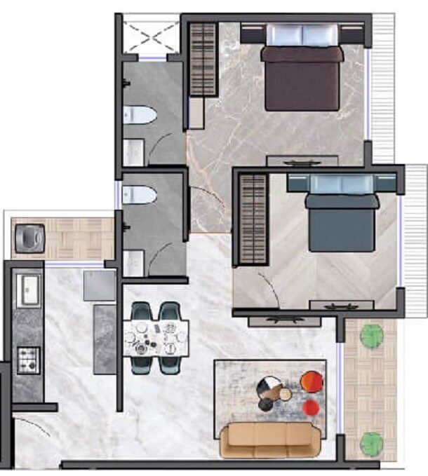 Floor plan of 2 BHK 535 Sq. Ft. Apartment in Siddhivinayak Gaurav, Navi Mumbai