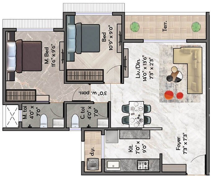 Floor plan of 2 BHK 623 Sq. Ft. Apartment in Siddhivinayak Gaurav, Navi Mumbai