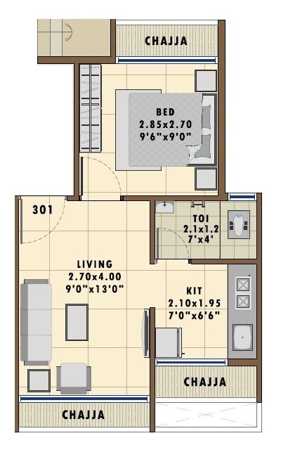 Floor plan of 1 BHK 246 Sq. Ft. Apartment in Siddhivinayak Icon, Navi Mumbai