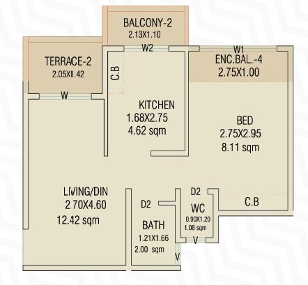 Floor plan of 1 BHK 370 Sq. Ft. Apartment in Siddhivinayak Pratima, Navi Mumbai