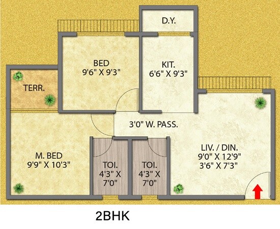 Floor plan of 2 BHK 553 Sq. Ft. Apartment in Siddhivinayak Pratima Gold, Navi Mumbai