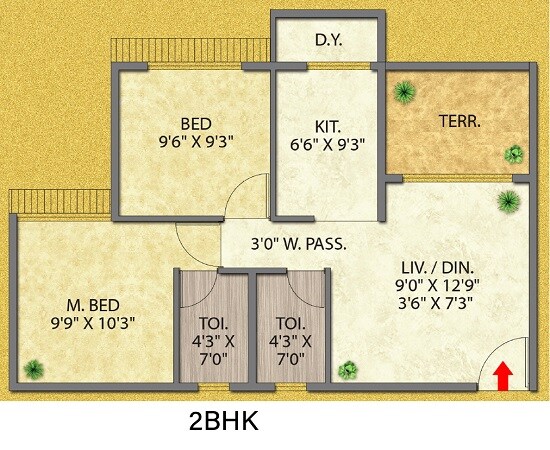 Floor plan of 2 BHK 583 Sq. Ft. Apartment in Siddhivinayak Pratima Gold, Navi Mumbai