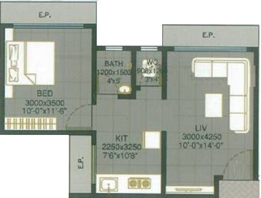 Floor plan of 1 BHK 445 Sq. Ft. Apartment in Siddhivinayak Riddhi Siddhi Apartment, Navi Mumbai