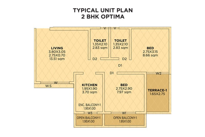 Floor plan of 2 BHK 586 Sq. Ft. Apartment in Siddhivinayak Riddhima, Navi Mumbai