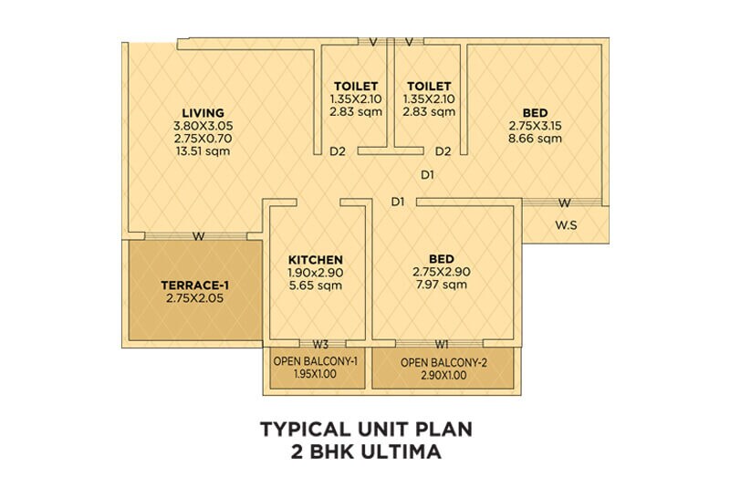 Floor plan of 2 BHK 598 Sq. Ft. Apartment in Siddhivinayak Riddhima, Navi Mumbai