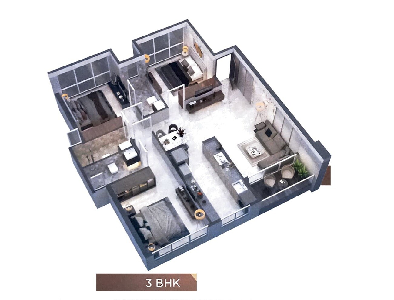 Floor plan of 3 BHK 933 Sq. Ft. Apartment in Silverkey Windsor Solitaire, Navi Mumbai