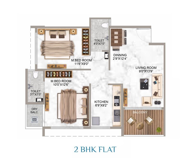 Floor plan of 2 BHK 507 Sq. Ft. Apartment in Sky Exotica, Navi Mumbai