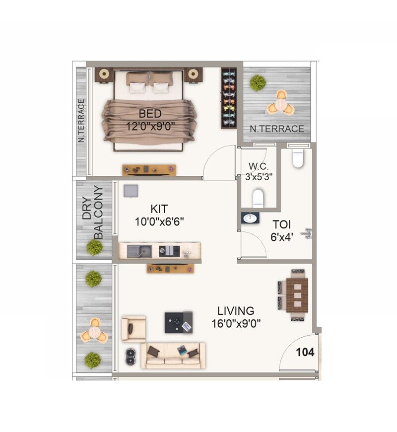 Floor plan of 1 BHK 309 Sq. Ft. Apartment in Sky Flora, Navi Mumbai