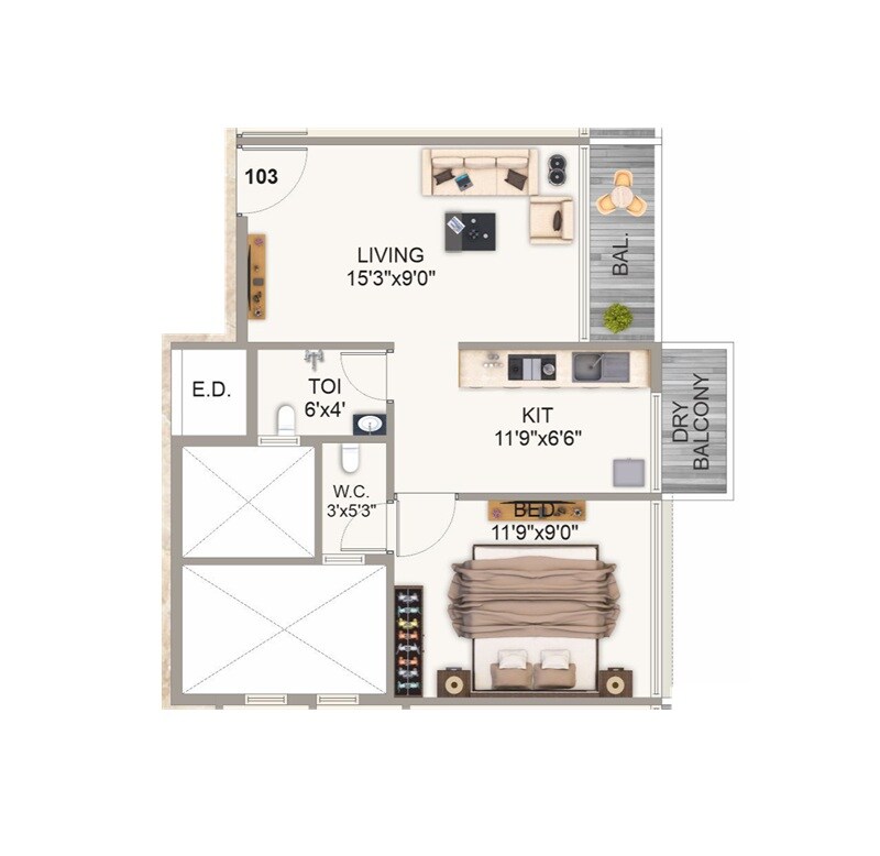 Floor plan of 1 BHK 371 Sq. Ft. Apartment in Sky Flora, Navi Mumbai