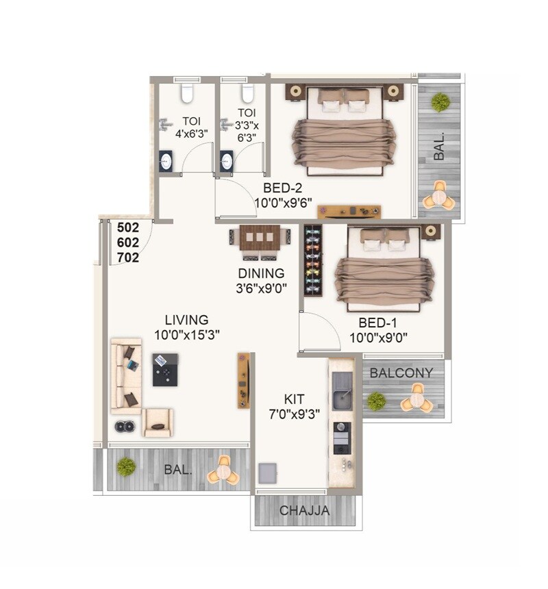Floor plan of 2 BHK 481 Sq. Ft. Apartment in Sky Flora, Navi Mumbai