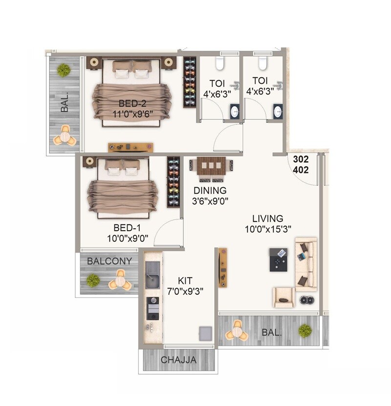 Floor plan of 2 BHK 551 Sq. Ft. Apartment in Sky Flora, Navi Mumbai