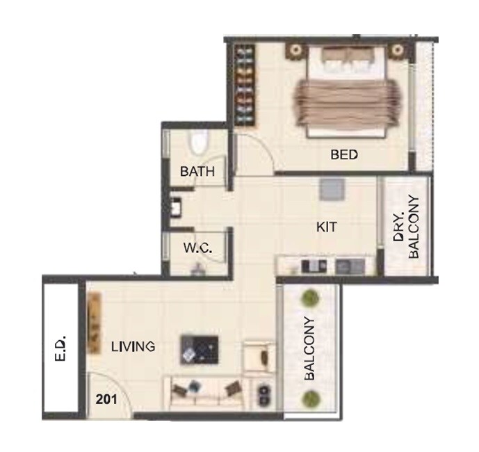 Floor plan of 1 BHK 322 Sq. Ft. Apartment in Sky Natraj, Navi Mumbai
