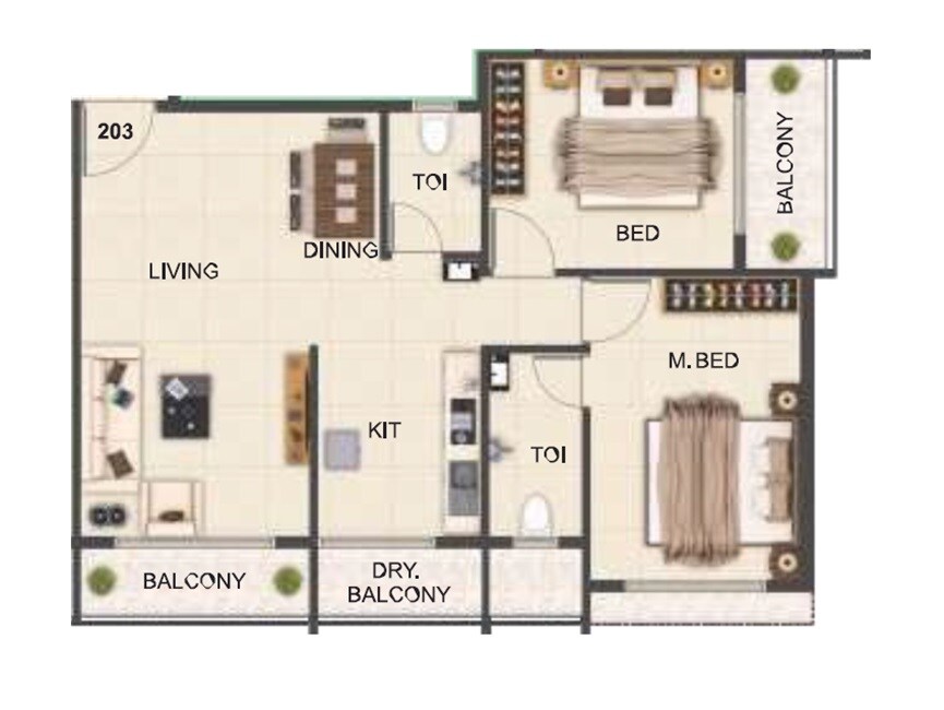 Floor plan of 2 BHK 576 Sq. Ft. Apartment in Sky Natraj, Navi Mumbai