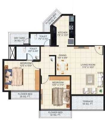Floor plan of 2 BHK 1188 Sq. Ft. Apartment in Skylark Apartments, Navi Mumbai