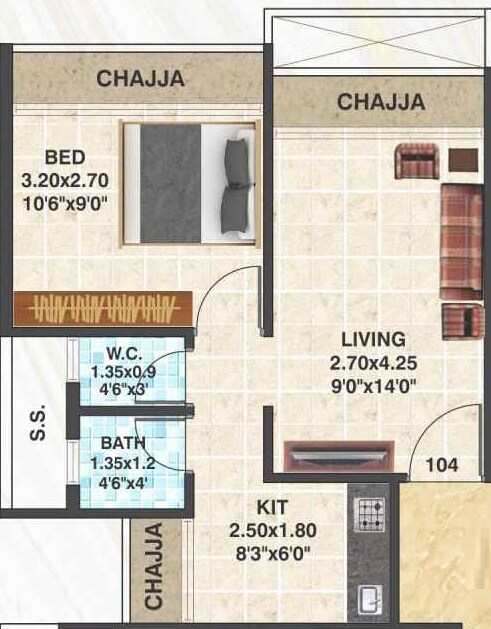 Floor plan of 1 BHK 227 Sq. Ft. Apartment in Skyline Bhakti Ornate, Navi Mumbai
