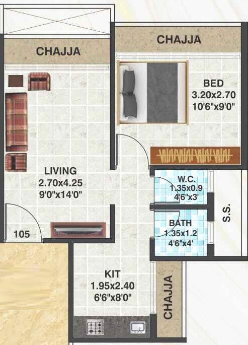 Floor plan of 1 BHK 289 Sq. Ft. Apartment in Skyline Bhakti Ornate, Navi Mumbai