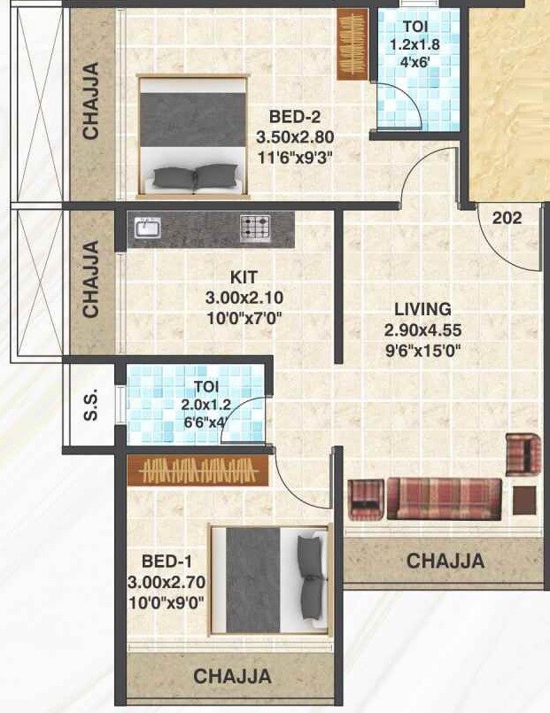 Floor plan of 2 BHK 334 Sq. Ft. Apartment in Skyline Bhakti Ornate, Navi Mumbai