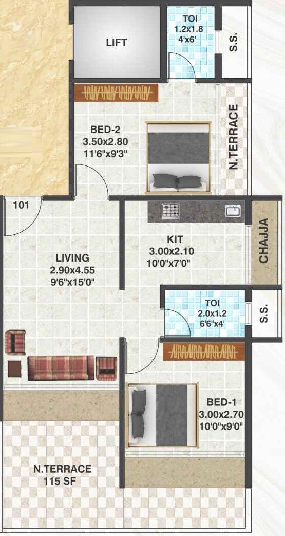 Floor plan of 2 BHK 447 Sq. Ft. Apartment in Skyline Bhakti Ornate, Navi Mumbai