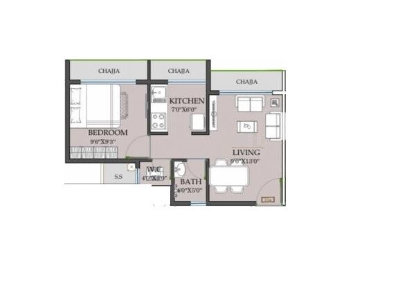 Floor plan of 1 BHK 338 Sq. Ft. Apartment in Skytech Neelkanth Darshan, Navi Mumbai