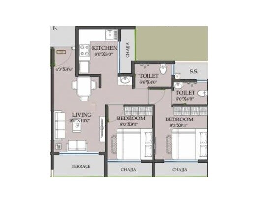 Floor plan of 2 BHK 533 Sq. Ft. Apartment in Skytech Neelkanth Darshan, Navi Mumbai