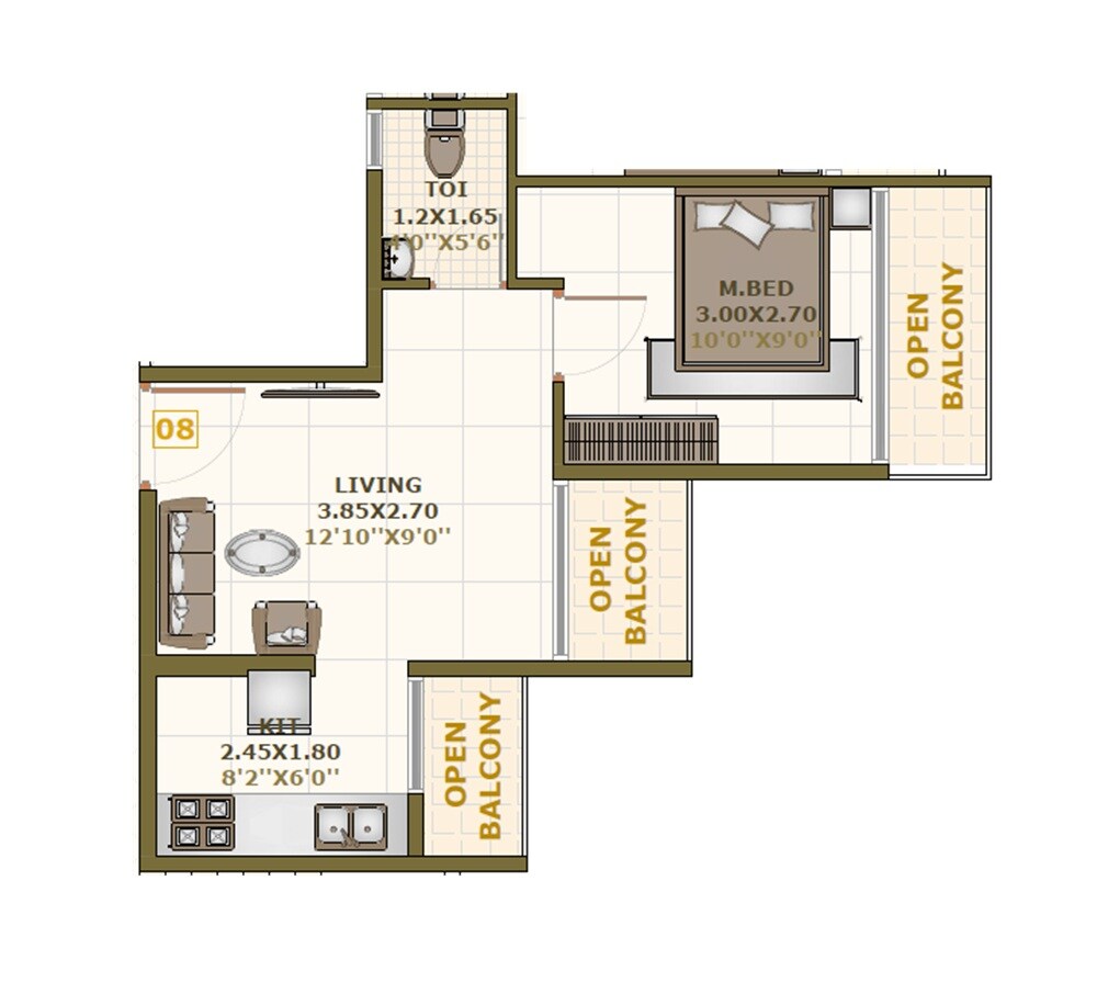 Floor plan of 1 BHK 370 Sq. Ft. Apartment in Skyway Aster, Navi Mumbai
