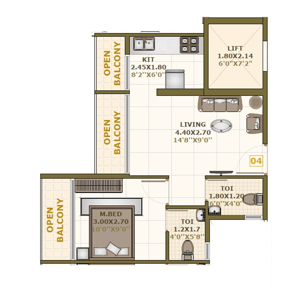 Floor plan of 1 BHK 337 Sq. Ft. Apartment in Skyway Aster, Navi Mumbai